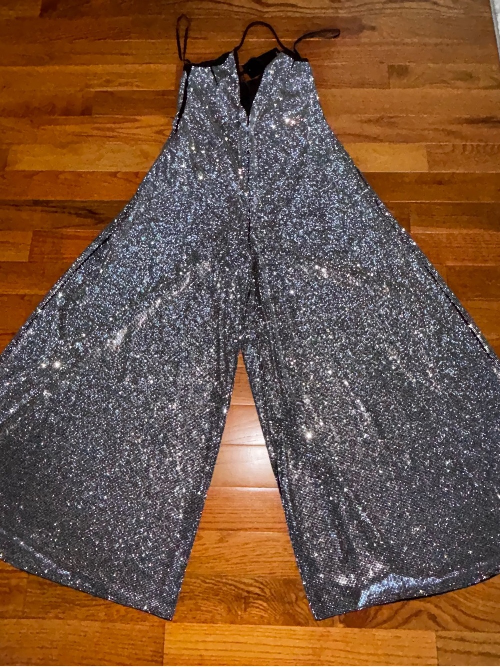 AKIRA Sparkling Silver Wide-Leg Sequin Jumpsuit